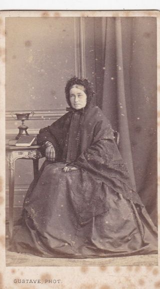 Cdv Civil War Era Lady In Mourning Long Dress,  Lace Cape,  Gloves Bonnet,  France
