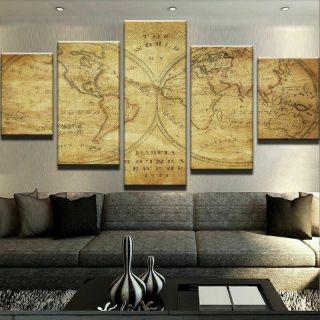 Framed Rustic Old World Map Five Piece Canvas Multi Panel Home Decor Art 5