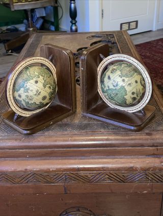 Vintage Olde Worlde Wooden Bookends Book Ends With Globes World Map Gyroscopes