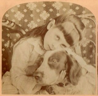 1882 Little Girl With Her Dog,  " Affection ".  B.  W.  Kilburn Stereoview Photo