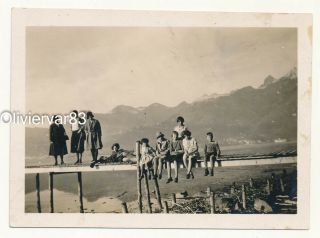 Vintage Photo - Women & Kids Sitting On Mountain Lake Pier