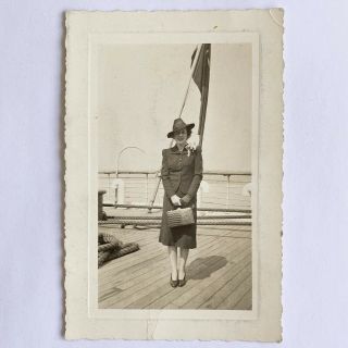 Vintage Black And White Photo Of Woman On Ss Aquitania With Note On The Back