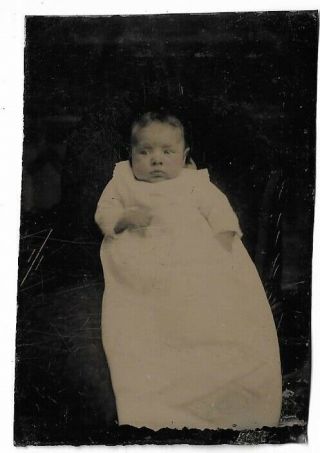 Tintype Photograph Baby Wearing Large Christening Gown