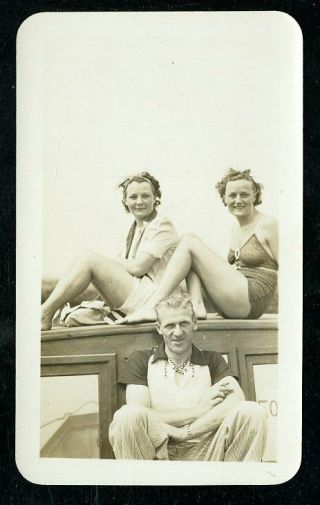 Vintage Photo Pretty Bathing Beauties Pose On Lake Dock Swimsuits 1937