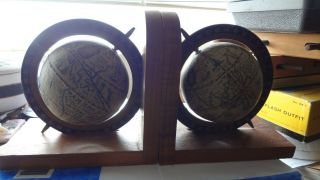 Old World Map Spinning Globes Bookends Wood Base Set Of 2 Armbee Vintage