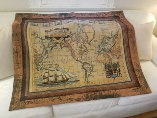 35 X 42 " Old World Print World Map Ship Tapestry Wall Hanging