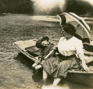 12 Vtg Photo Woman & Child On Boat With Parasol & Feet In Water C Early 1900 