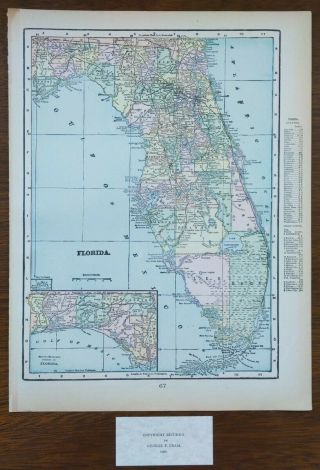 Vintage 1900 Florida Map 11 " X14 " Old Antique Gainesville Tallahassee