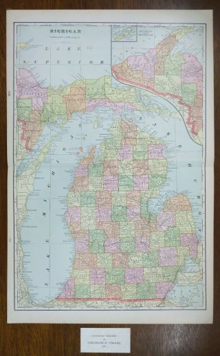 Vintage 1901 Michigan Map 14 " X22 " Old Antique Bay City Escanaba Pontiac