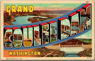 Vintage Grand Coulee Dam Large Letter Postcard Washington / Linen 1943 Cancel