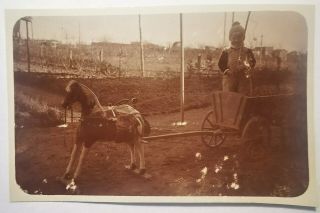 Vtg.  Photo: Little Boy With Wooden Horse And Cart C.  1930 Fo.  949