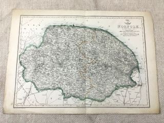 Antique Map Of Norfolk County England 19th Century Old Hand Coloured