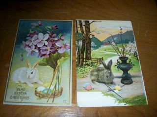 2 Vintage Antique Postcards Easter Bunny Rabbits Violets Welipostverein Posted