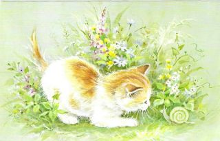 Vintage Cats Kittens Postcard Little Kitty And Snail In Flowers