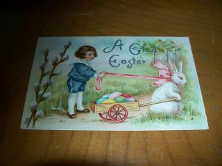 Vintage Antique Postcard Easter Frolic 755 Tucks Boy Bunny Pulling Wagon