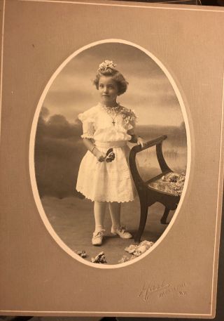 Victorian Antique Cabinet Card Photo Of Young Girl In Fancy Dress With Flowers
