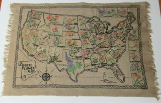 Vintage Unique & Colorful Usa State Flower Map Completed Embroidered Sampler