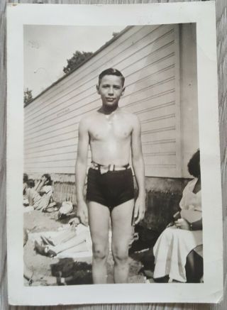 Vintage Photo Young Man In Swimsuit High Waist Swim Trunks 1930s Snapshot