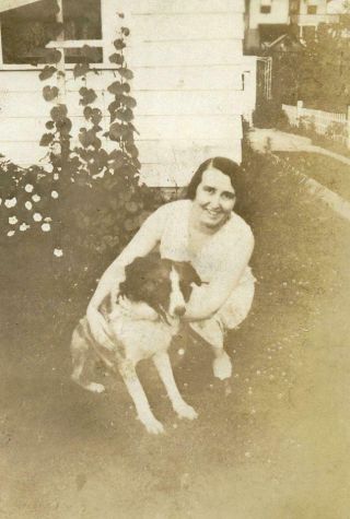 X447 Vtg Photo Smiling Woman With Her Dog In Yard C 1930 