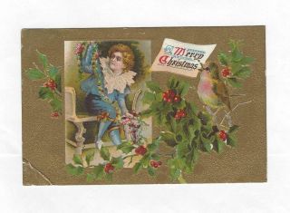 Vintage Merry Christmas Boy In Blue Embossed Hollies And Bird Postcard