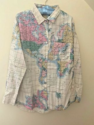 Signals Vintage Button Up World Map Globe Shirt Long Sleeve Top Womens L