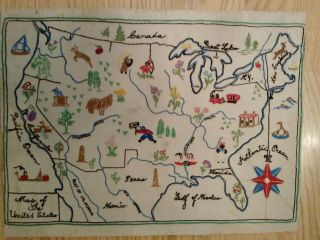 Vintage Folk Art Embroidered Framed Map Of Us United States Mid Century 12 " X16 "