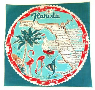 Vintage Florida State Handkerchief Hankie Souvenir Map Blue Cotton