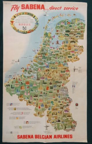 Vintage Travel Poster Map By Sabena Belgian Airlines Fly Sabena Holland Tourism