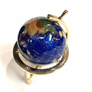 Vintage Blue Lapis W/semi Precious Inlay Stones World Map Display Globe