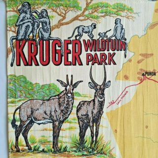 Vintage Kruger Park South Africa Wall Hanging / Tea Towel W.  Wildlife,  Map,  70 