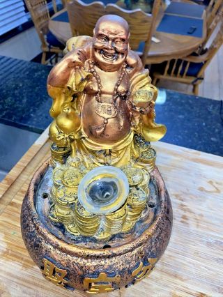Vtg Lucky Gold Buddha Tabletop Water Fountain (needs Pump) Rare