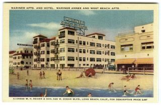 1930s Long Beach California Ocean Bathers,  Apts.  & Hotel Linen Postcard