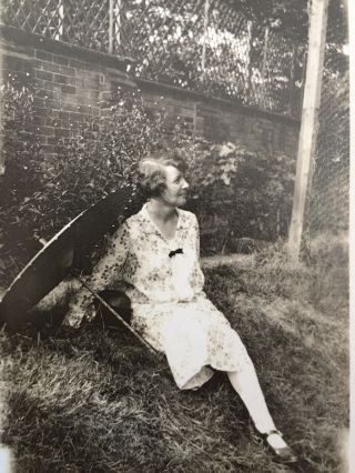 Vintage Photo Snapshot Young Woman Sat On Grass With Oriental Parasol Fashion