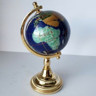 Vintage 5inch Blue Lapiz W Semi - Precious Inlay Stones Brass Base Globe World Map