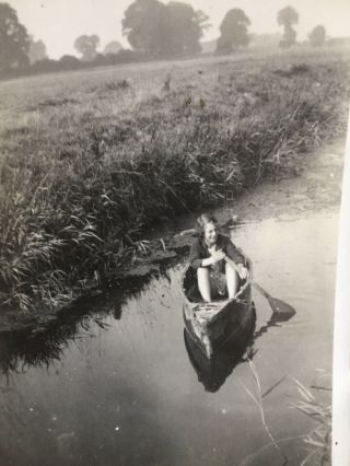 Vintage Photo Snapshot Young Woman In Canoe On River Paddle Sport