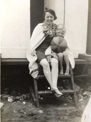 Vintage Photo Woman & Child On Steps Of Beach Hut Beach Ball Robe Seaside Beach