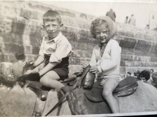 Vintage Photo Little Boy & Girl On Donkey At The Seaside
