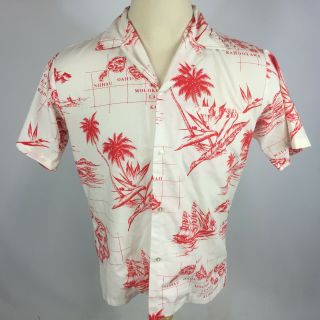 Vintage 60s 70s Hawaiian Map Made In Hawaii Usa Souvenir Button Camp Surf Shirt