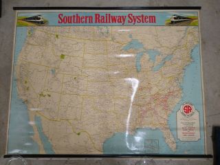 Vintage Southern Railroad Railway Route Wall Map Large 1948