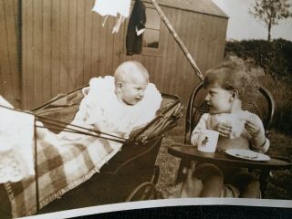 Vintage Photo Snapshot Baby & Little Boy Talking Cute Pram High Chair