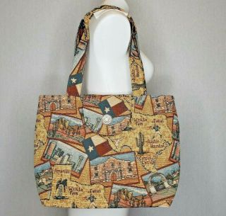 Vintage 1990s Suruchi Texas Tapestry Tote Purse Handbag Carpet Bag Clutch Map