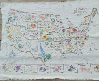 Vintage Usa Map State Flower Embroidery Embroidered Sampler Large 33 X 25 Inches