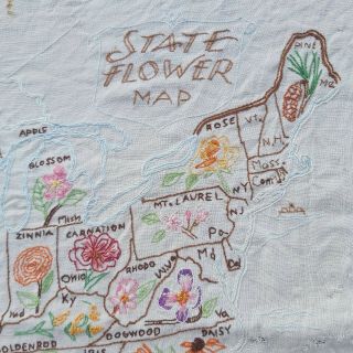 Vintage USA Map State Flower Embroidery Embroidered Sampler Large 33 x 25 Inches 2