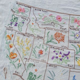 Vintage USA Map State Flower Embroidery Embroidered Sampler Large 33 x 25 Inches 3