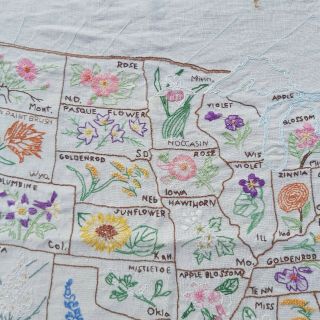 Vintage USA Map State Flower Embroidery Embroidered Sampler Large 33 x 25 Inches 4