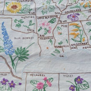 Vintage USA Map State Flower Embroidery Embroidered Sampler Large 33 x 25 Inches 5