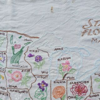 Vintage USA Map State Flower Embroidery Embroidered Sampler Large 33 x 25 Inches 6