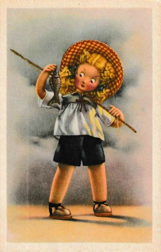 Vintage Comic Postcard Adorable Little Girl From Finland Fishing Pole C1950s