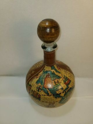 Vintage Decanter Made In Italy Leather Wrapped World Map Glass Bottle