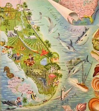 Vintage Early Florida Colorful Art Pictoral Map 1940 